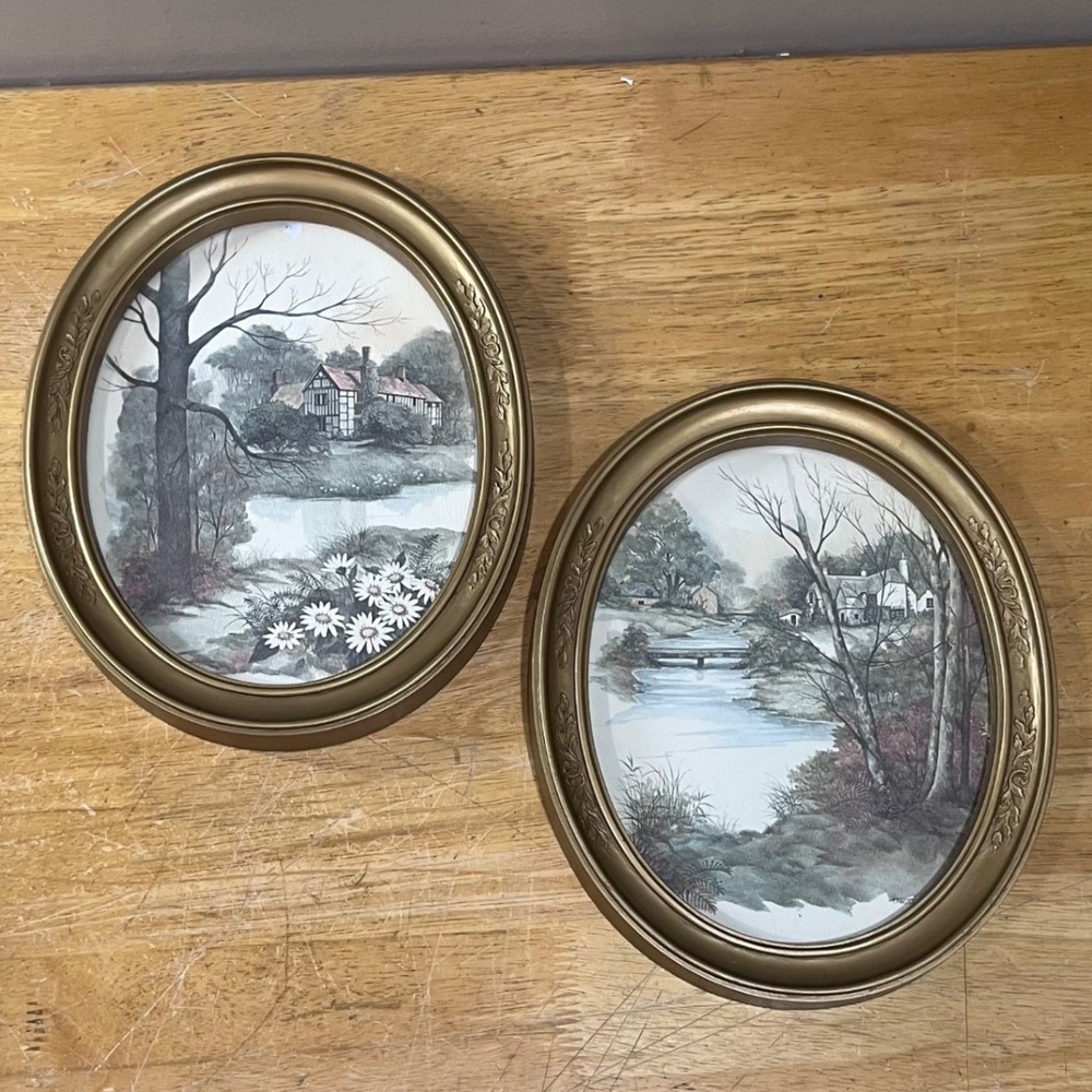 Vtg Cottagecore F Robson English Countryside Oval Gold Framed Prints Set‎ of 2